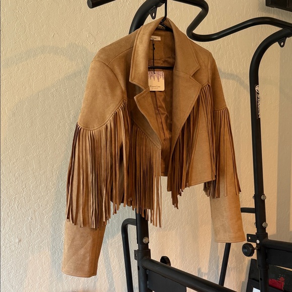 Wysteria Lane Jackets & Blazers - Fringe Suede Blazer Jacket - Tan